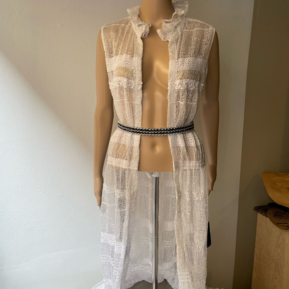 White lace sequined detail ruffled neck  cover up overall long dress OS - Picture 2 of 15